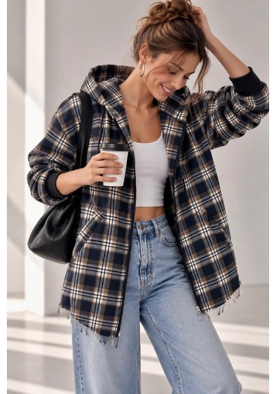 Bb Butik Basic Kapüşonlu Fermuarlı Oversize Ekose Oduncu Gömlek Ceket Kadın Rahat Mevsimlik Günlük Tr0935 Lacivert