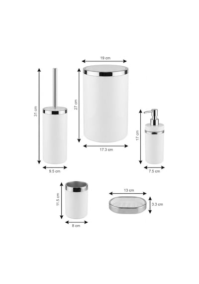 Makri Home Banyo Seti 5'li, Yuvarlak, Akrilik-çöp Kovası, Wc Fırçalık, Sıvı Sabunluk, Diş Fırçalık, El Sabunluk Beyaz