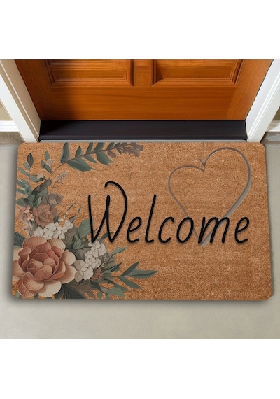 Valerine Life Vintage Kahverengi Zambak Ve Kalp Welcome Kapı Önü Paspası 45x70cm