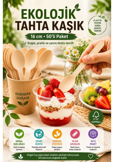 50'li Ekolojik Tahta Kaşık 16 Cm Doğal Huş Ağacı Kullan At Davet Parti Organizasyon Seti