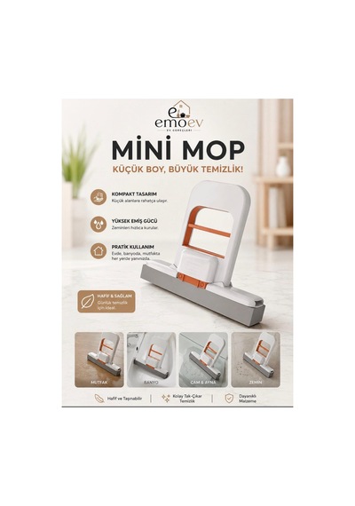 Pratik Kendinden Sıkmalı Mini Mop - Masaüstü, Cam, Ayna Ve Tezgah Temizlik Paspası Duvara Asılabilir
