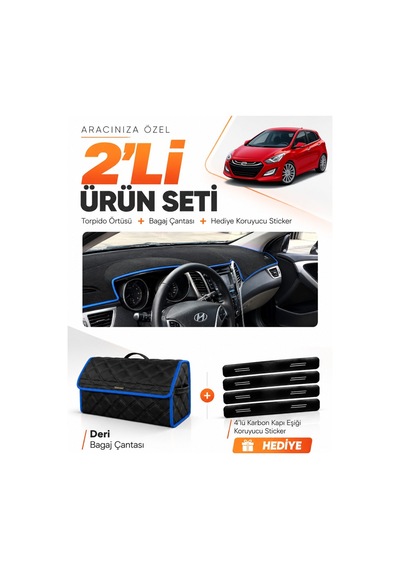 E-biz Hyundai İ30 2012-2016 Uyumlu Torpido Örtüsü + Deri Bagaj Çantası Seti - Siyah-mavi - Hu005