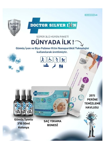 Doctor Silver Ion Gümüş İyonlu Kolonya 3 x 50 ML + Saç Yıkama Bonesi + Perine Islak Mendili 25'li
