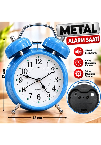 Metal Çalar Saat 12x17 Cm Yüksek Sesli Alarm, Şık Ve Dayanıklı Tasarım Mavi