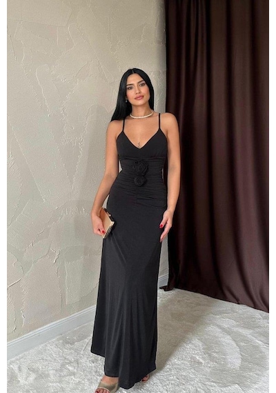 Valensdesign Siyah Büzgülü Uzun Güllü Elbise Siyah
