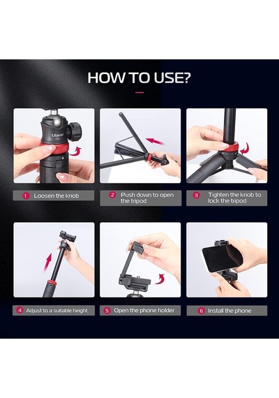 Ulanzi Mt-44 Selfie Çubuğu Telefon Ve Kamera İçin Tripod Maks. 146 Cm Yüksekliğinde Uzatılabilir Siyah/kırmızı