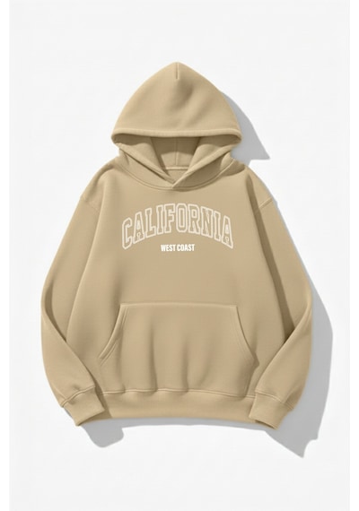 Uyguntarz Unisex Yumuşak Dokulu Caliwest Baskılı Tasarım Oversize 3 İplik Hoodie Sweatshirt Bej