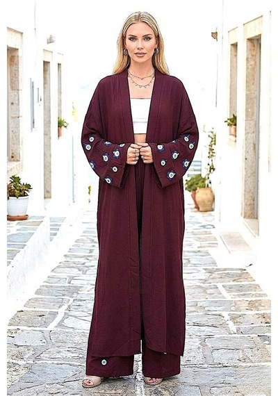 Veraura Lifestyle Bordo Mavi Boncuk Kimono Pantolon Takım