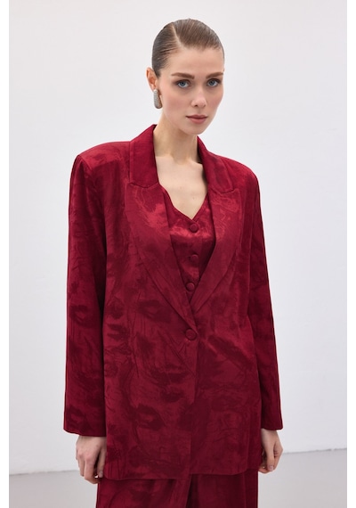 Sateen Jakarlı Uzun Ceket - Bordo-136769 Bordo