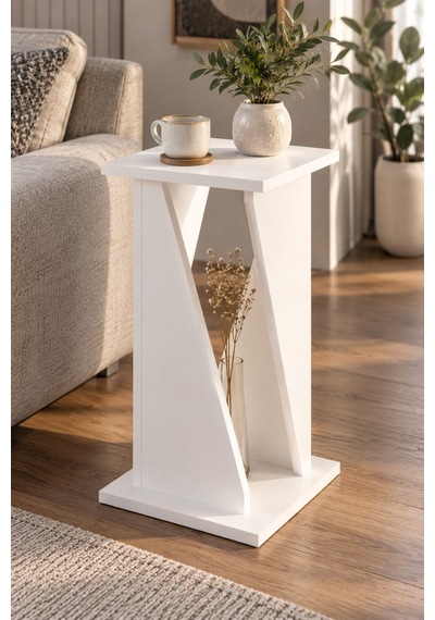Sulorahome Modern Mermer Desenli Yan Sehpa Beyaz