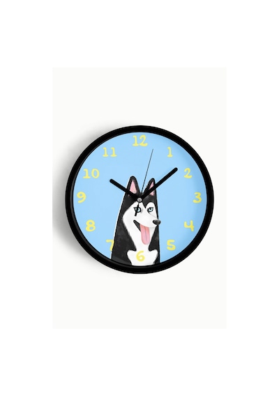 Husky Köpek İllüstrasyonlu Modern Duvar Saati - Çocuk Odası Duvar Saati - 25cm - Önü Camlı-jh1175 Siyah