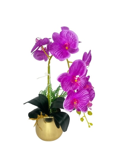 Yapay Çiçek Fuşya Islak Orkide Gold Metal Saksıda Seramik Saksıda Orkide 60cm