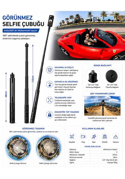 Insta360 Aksiyon Görünmez Selfie Çubuğu 1.1 Metre Siyah