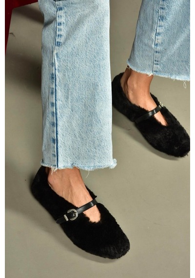 Fox Shoes V820105504 Siyah Peluş Günlük Düz Kadın Babet Siyah