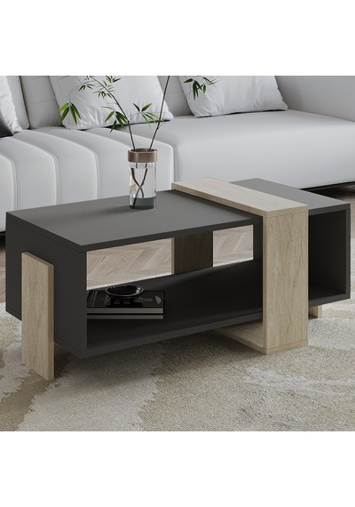 Meleni Orta Sehpa 90 Cm Modern Tasarım Raflı Traverten/antrasit