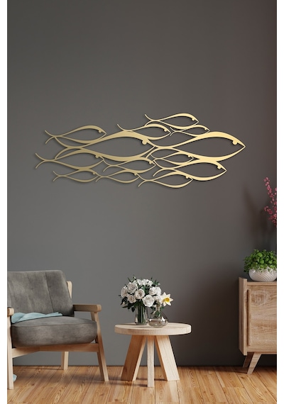 School Of Fish Metal Duvar Dekorasyonu - Gold - 150 X 53 Cm
