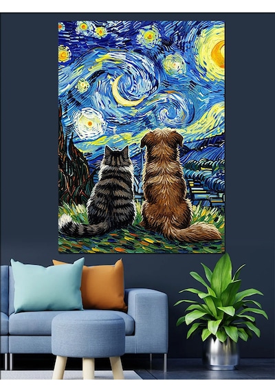 Van Gogh Yıldızlı Gece Soyut Kedi Ve Köpek Dekoratif Kanvas - Mdf Ahşap Tablo