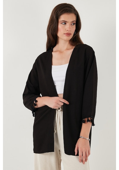 Lela Pamuk Ve Keten Karışımlı Püskül Detaylı Regular Fit Uzun Kimono Bayan Hırka 5869015 Siyah
