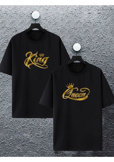 Unisex Kadın Erkek King Quenn Baskılı Sevgili Çift Kombini Tasarım Oversize Tshirt 2'li Siyah Mck2160 Siyah