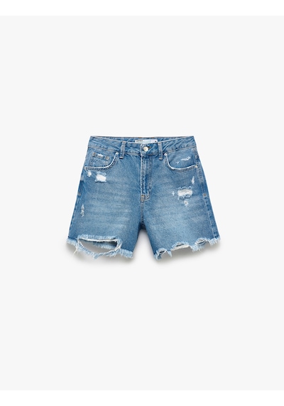 Koton Yıpranmış Püsküllü Düğmeli Denim Şort Açık İndigo 5sal40001md Açık İndigo