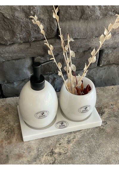 Beyazı Mermer Oval 3,lü Banyo Seti Yeni Beyaz