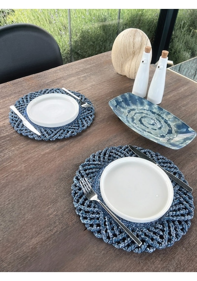 2'li Set Hasır Görünümlü Amerikan Servis-leke Tutmaz Mavi 33 Cm Mavi