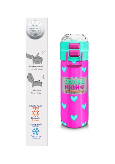 Coral High Kids Neon Pembe Su Yeşili Kalp Desenli Pipetli Ve Direkt İçim Çelik Termos 500 Ml 31906 Pembe - Açık Yeşil Coral High Kids Neon Pembe Su Yeşili Kalp Desenli Pipetli Ve Direkt İçim Çelik Termos 500 Ml 31906 Pembe - Açık Yeşil
