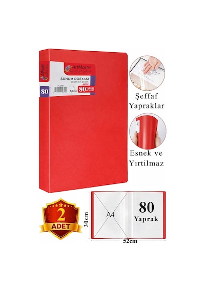 Kırmızı Sunum Dosyası 80 Li 2 Adet Poşet Dosyalı Katalog Dosyası 80 Poşetli Kendinden Dosya Plastik Kapaklı
