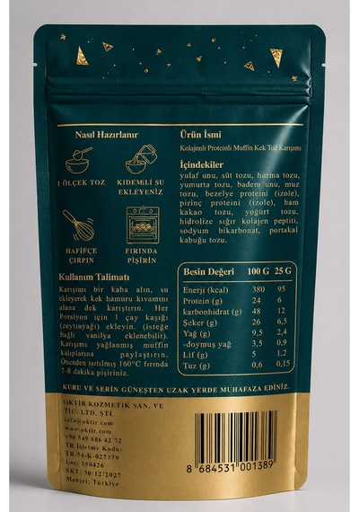 Kolajenli Ve Proteinli Kakaolu Muffin Kek Yulaf Unlu, Hurma Tozlu, Ham Kakaolu Pratik Toz Karışımı 100 G
