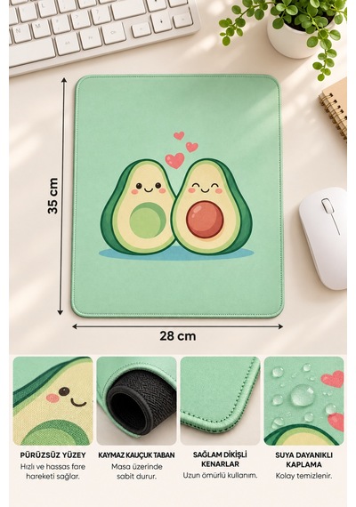 Couple Avokado Tasarımlı Mousepad 28x35 Cm Kaymaz Tabanlı Dikişli Kenar Ofis Ve Masaüstü