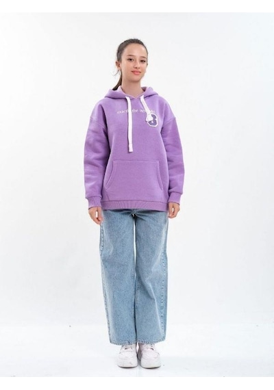 Çocuk Kapüşonlu Sırtı Kot Detaylı Sweatshirt-13454-mor Mor