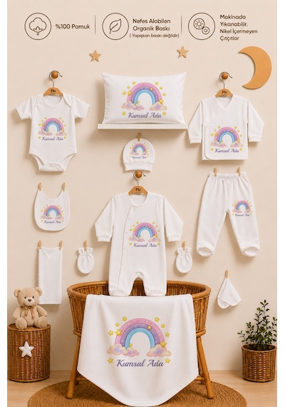 Pia Baby Kız Bebek Hastane Çıkışı Seti 11 Parça %100 Pamuk Kişiye Özel İsim Baskılı 1075113x Ekru