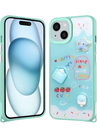 Apple Uyumlu iPhone 14 Plus Kılıf Parlayan Sıvılı Simli Kabartma Figürlü Zore Cevze Kapak-yeşil Yeşil