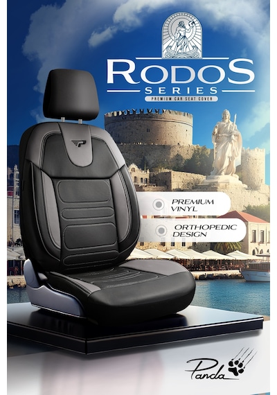 Siyah - Gri Garni Panda Rodos Serisi Deri Ortopedik Oto Koltuk Kılıfı - Tam Set