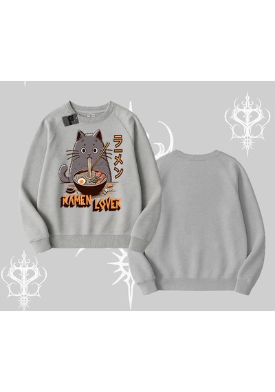 Startmore Biskilet Sweatshirt Ramen Lover Kedi Anime Baskılı Gri