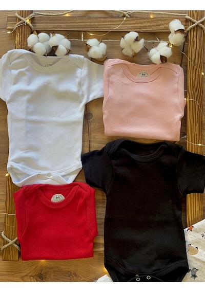Betül Bebek Kısa Kollu 4'lü Organik Pamuk Çıtçıtlı Bebek Body & Zıbın Siyah,kırmızı,beyaz,pembe Çok Renkli