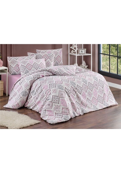 Çift Kişilik Nevresim Takımı 200x220cm 4 Yastık Kılıfı Lastikli Çarşaflı 160x200+30 Gri - Lila