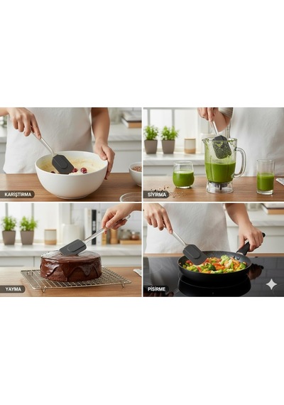 Silikon Spatula, Mutfak Kullanımı İçin Şeffaf Saplı Askılı 2, Antrasit Diğer