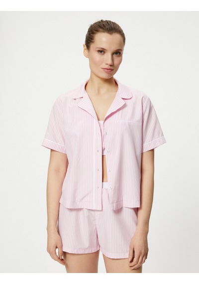 Koton Gömlek Yaka Pijama Üstü Kısa Kollu Cepli Düğmeli Pınk Strıpe 4slk50051mw Pembe