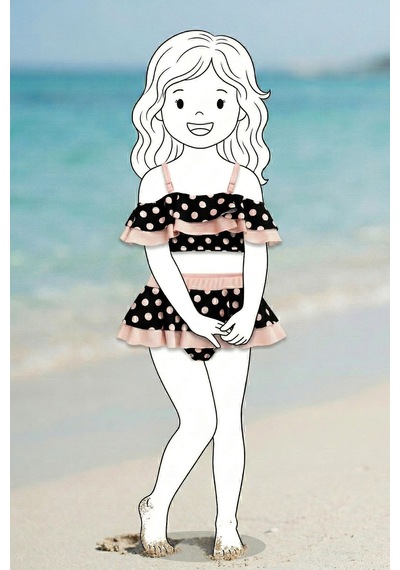 Zuzunga Puantiye Desenli Fırfırlı Siyah Renk Kız Çocuk Etekli Bikini Takımı