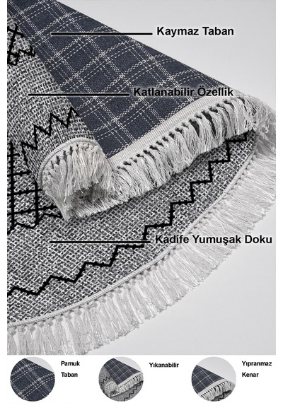 Dekoreko Kaymaz Taban Djt Salon Halısı Star Pamuk Saçaklı Oval Modern M5001 gri
