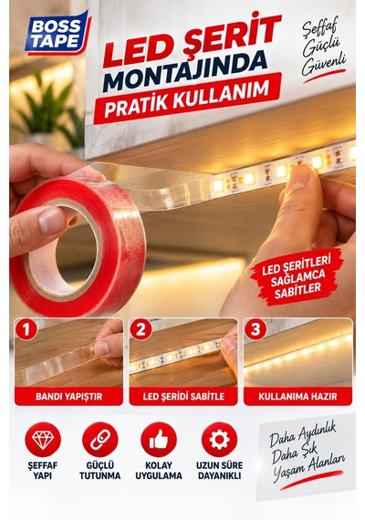 Led Yapıştırma Bandı 6 Metre 10 Mm Şeffaf Çift Taraflı Güçlü Led Şerit Sabitleme Bandı
