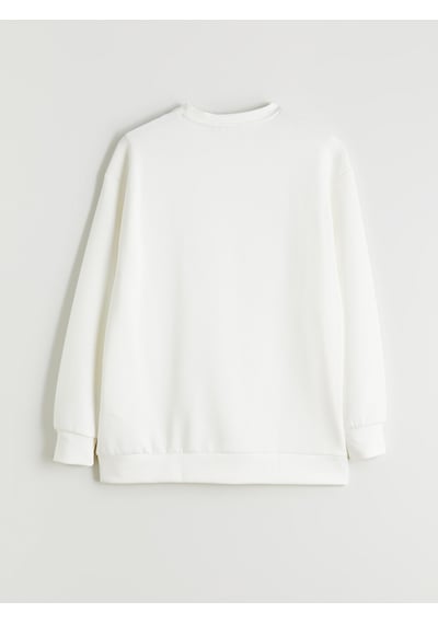 Lcw Comfort Beyaz Bisiklet Yaka Taşlı Kadın Sweatshirt