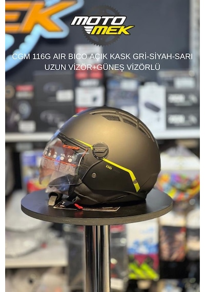 Motomek Cgm 116g Aır Bıco - Açık Kask Gri-siyah-sarı Uzun Vizör+güneş Vizörlü