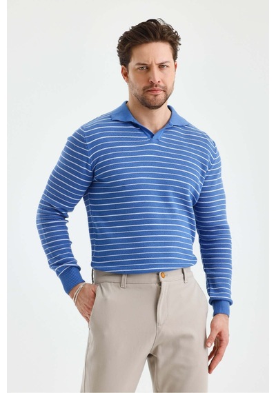 Cool Tarz Erkek Patlı Slim Fit Çizgi Detaylı Uzun Kollu Polo Yaka Triko Kazak Saks Saks