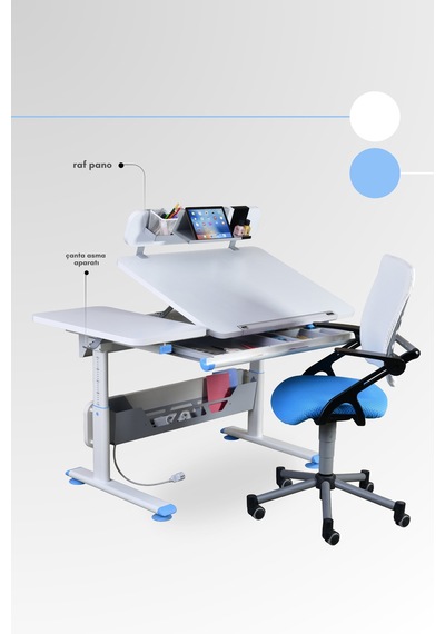 Creo Mobili Yükseklik Ve Eğim Ayarlı, Vega Advanced Bilgisayar Ve Çalışma Masası Takımı Beyaz/mavi Gri