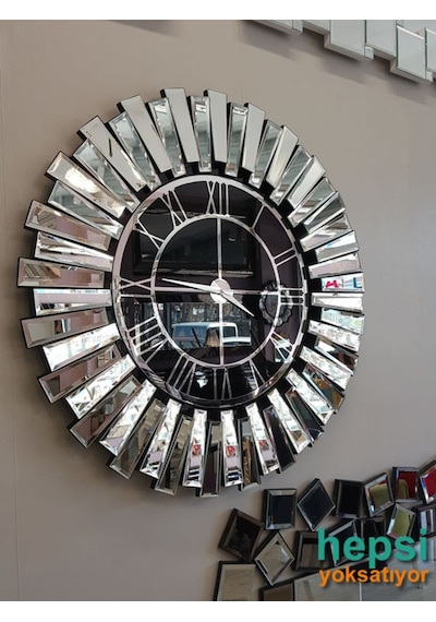 Güneş Silver Black Gümüş Siyah 85 Cm Dekoratif Aynalı Duvar Saati