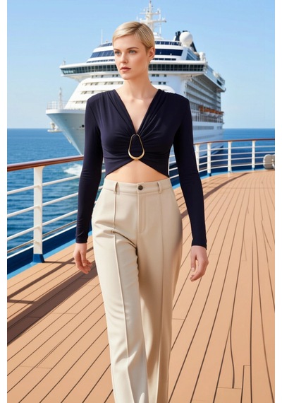 Benerly Kadın Bluz Crop V Yaka Uzun Kol Fitted Kalıp Örme Kumaş Düz Desen Lacivert