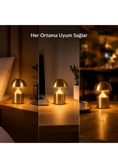 Şarj Edilebilir Led Mantar Masa Lambası, Dokunmatik 3 Renk Modlu, 1800 Mah Kablosuz Metal Abajur, Usb Type-c Şarjlı