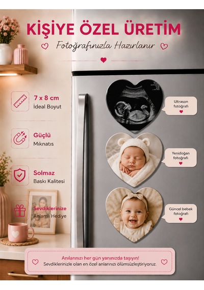 3'lü Kalp Fotoğraf Magneti Bebeğin İlk Anıları Kişiselleştirilebilir Anne Babaya Özel Hediye 61540741